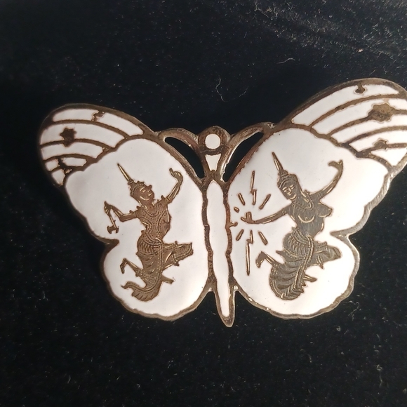 SIAM 925 Sterling Silver Vintage  Enamel Hindu Goddess Butterfly Pin Brooch - Picture 3 of 9